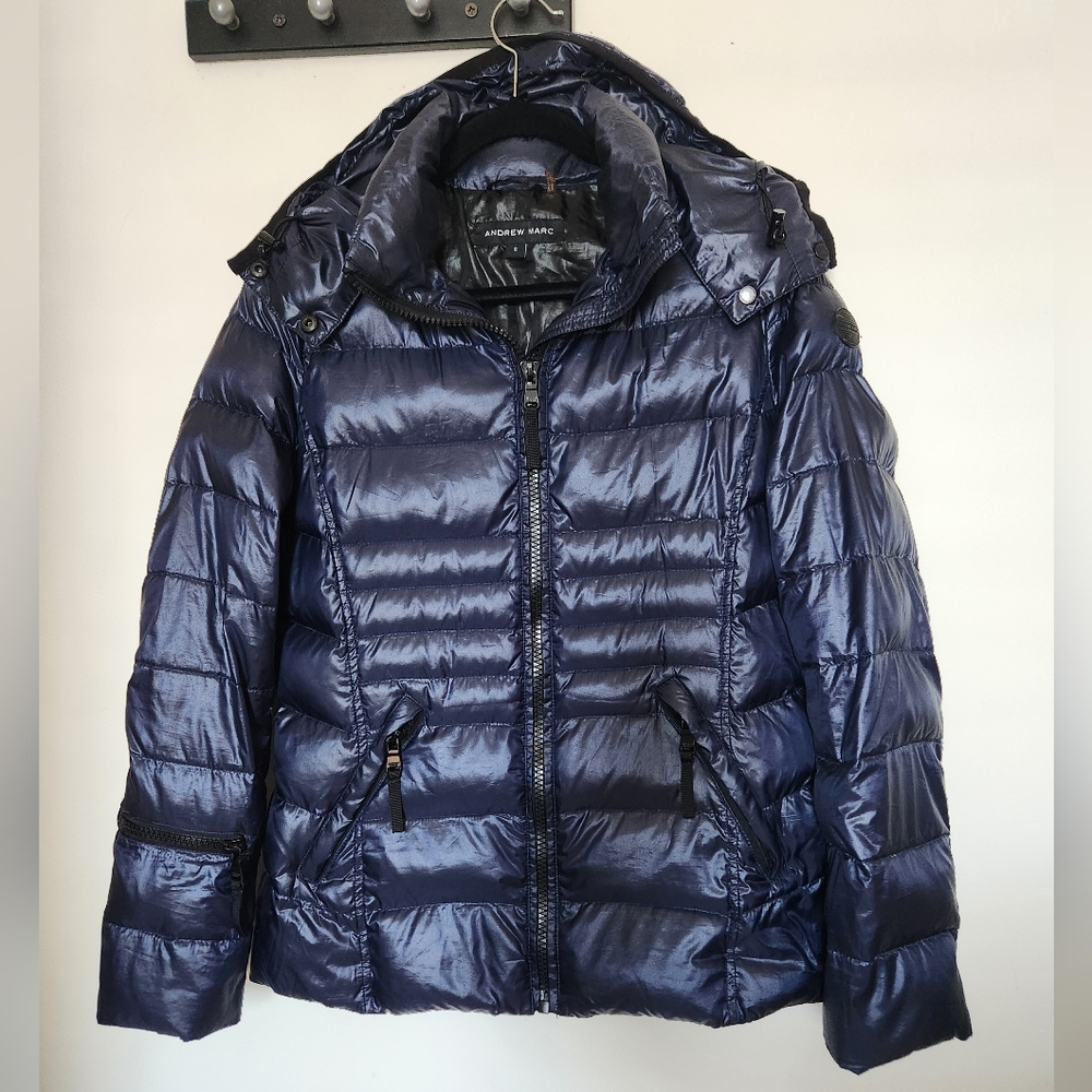 Andrew Marc Women's Shiny Blue Puffer Jacket 650 Fill Power, Size S. #E05 - Picture 1 of 16